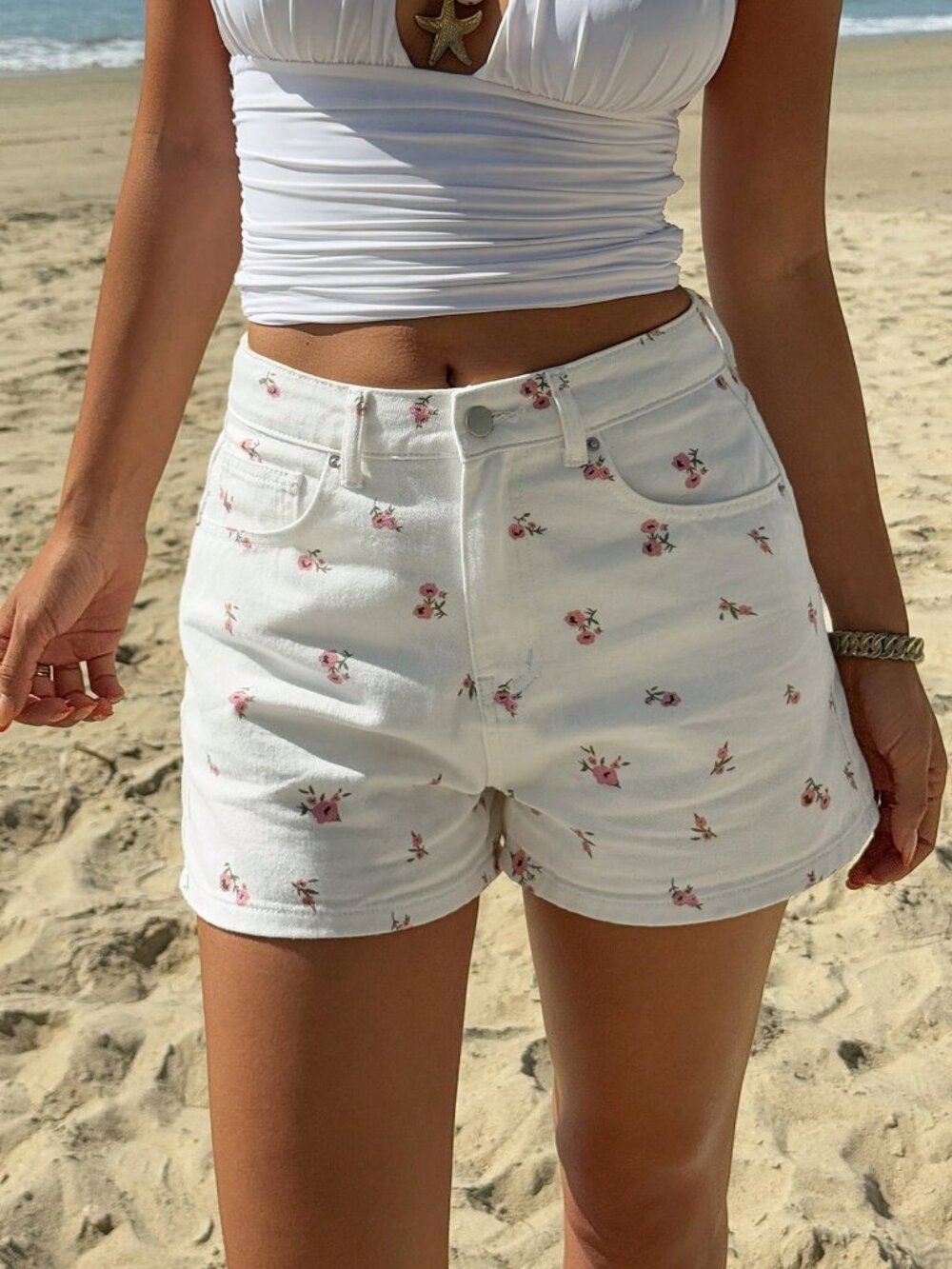 White Casual Women's Ditsy Floral Frayed Hem Denim Shorts - Picture 6 of 7